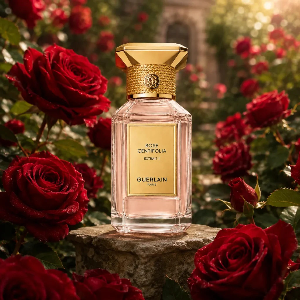 Guerlain Rose Centifolia Extrait Duftprobe vor roten Rosen